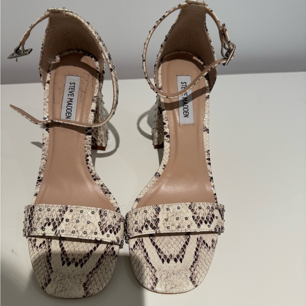 Steve Madden Cream Snake-Print Ankle Strap Block Heels
